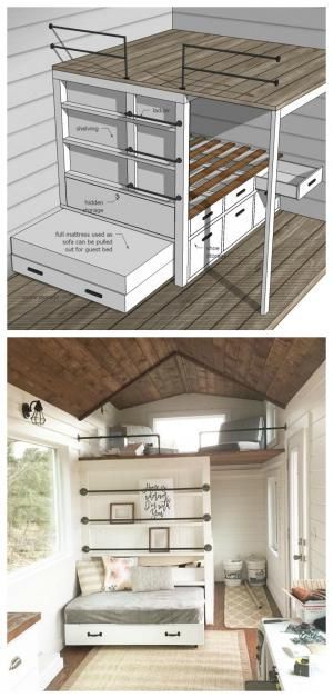 incredible diy loft area with tons of functionality - sofa pulls out to guest bed, framing is storage, hidden storage, double sleeping loft, and more